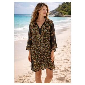 Womens See Through Mesh Full Embroidered Swimsuit Coverup 3/4 Sleeve